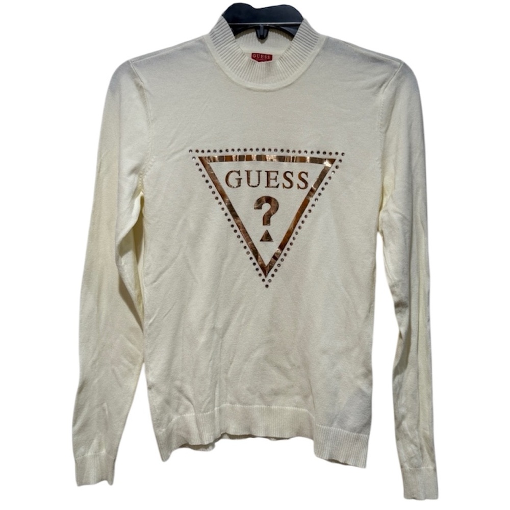 Guess Mock Neck Gold Logo Rhinestone Ivory Top Large L Glam‎ Casual